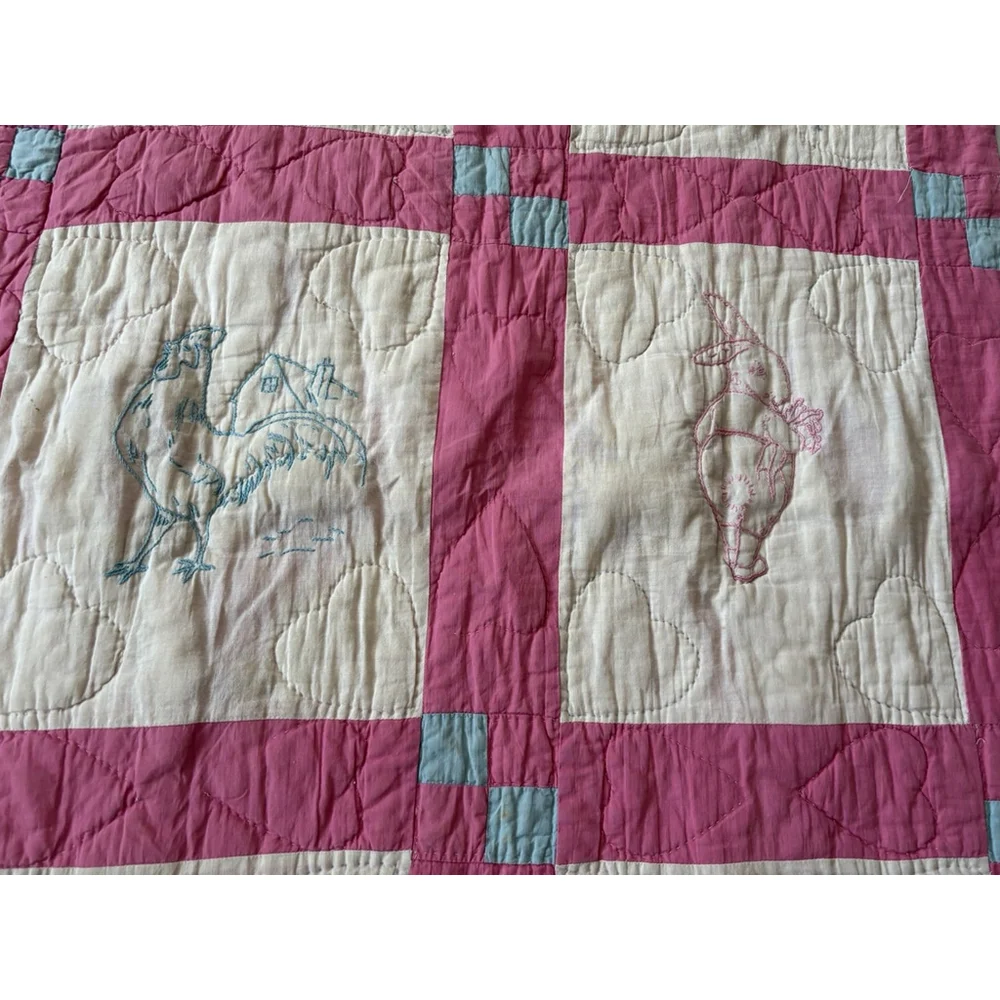 Vintage Baby Quilt Bunny Birds Owl Farmhouse Embroidered Hand Stitched Hearts